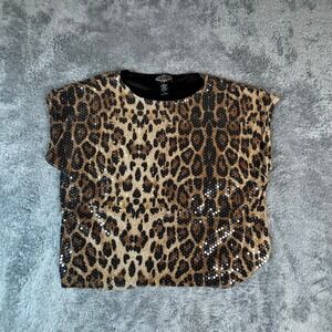 Oliver O Leopard Print Sequin Top Brown Black Animal Pattern Cap Sleeve Medium